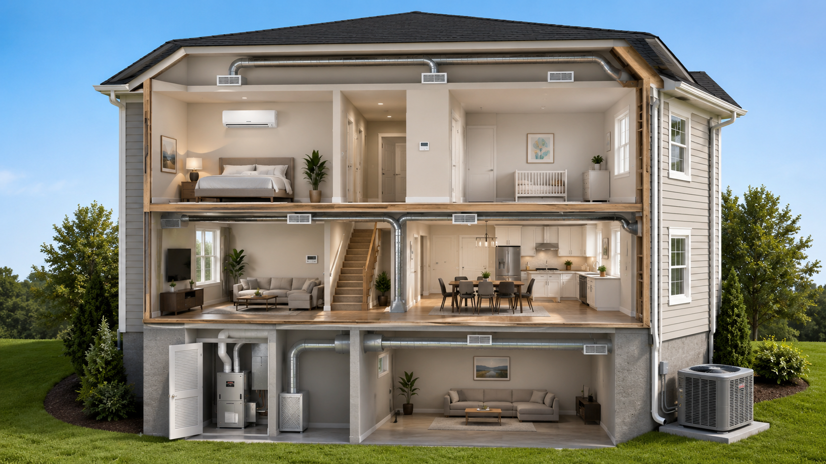 Cutaway view of a home showing the heating and cooling systems Nova Air Cooling installs and services